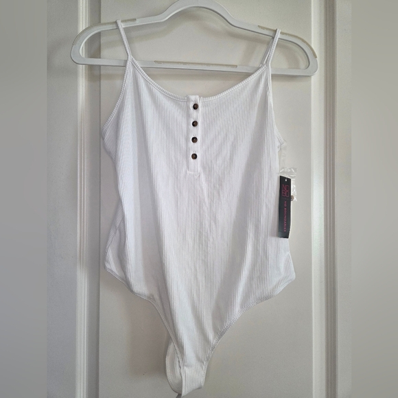 White Ribbed Button-Front Bodysuit - Picture 1 of 3